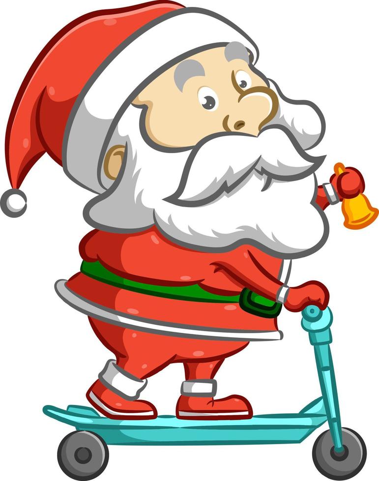 den gamla jultomten står på den blå skotern och håller i den gula klockan vektor