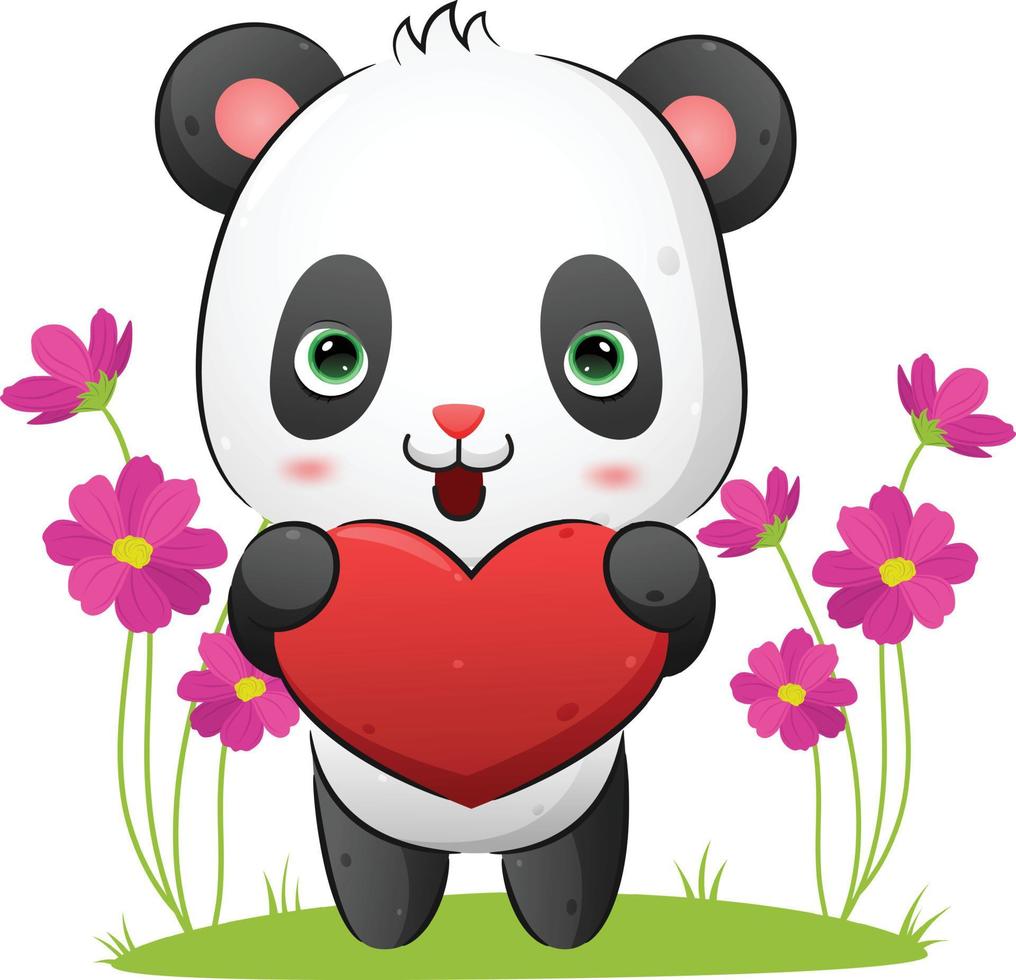 den söta pandan kramar en kärleksdocka för alla hjärtans dag i trädgården vektor