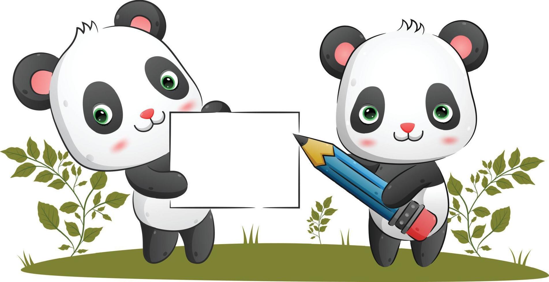 paret smarta panda håller i en penna medan de håller i en stor tom banderoll i parken vektor