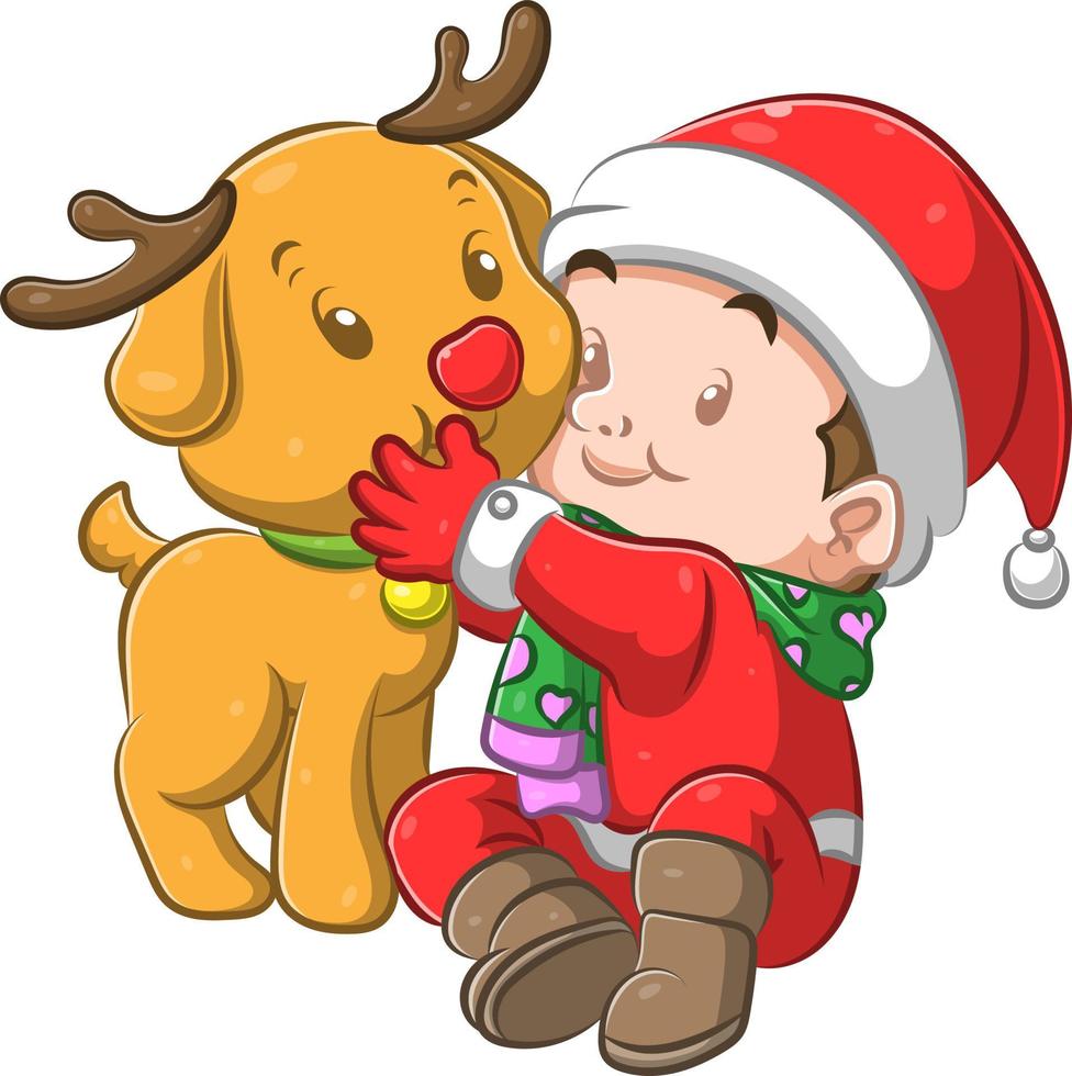 den lilla pojken som använder juldräkten kramar sin hund med falskt kärt horn vektor