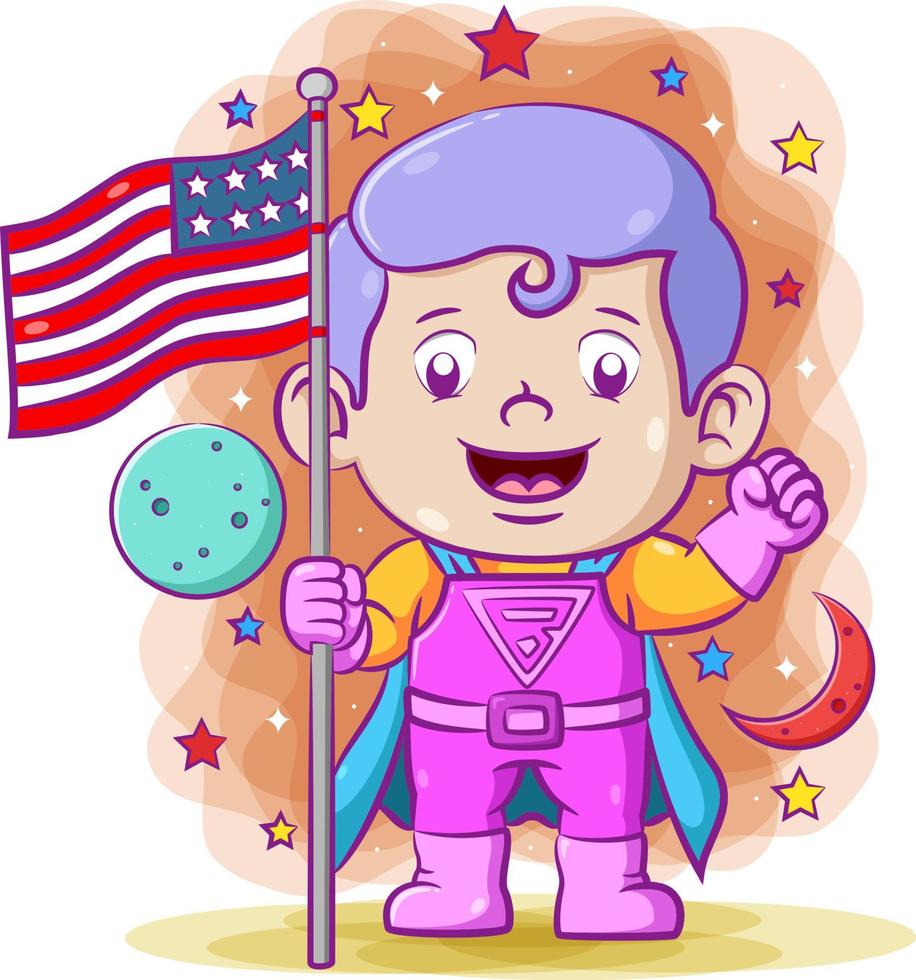 Der Superjunge hält die amerikanische Flagge im Weltraum mit dem Superkostüm vektor