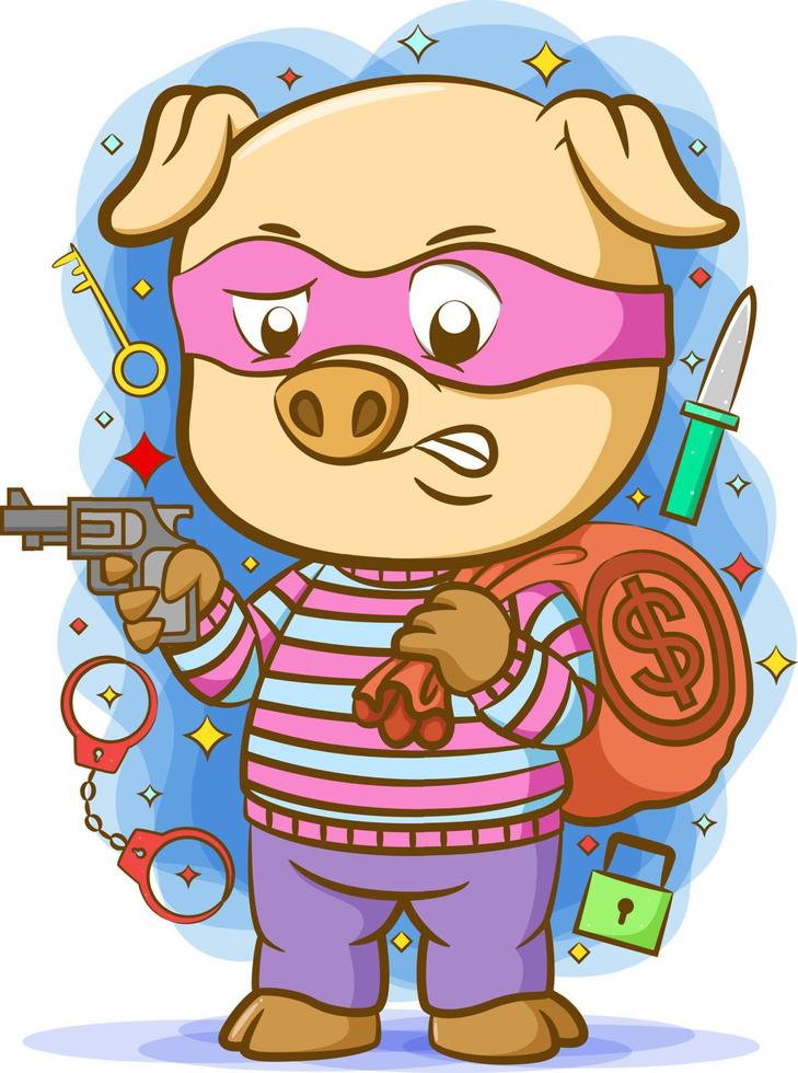 das Diebschwein benutzt die rosa Maske mit der Waffe und bringt Geldsack mit vektor