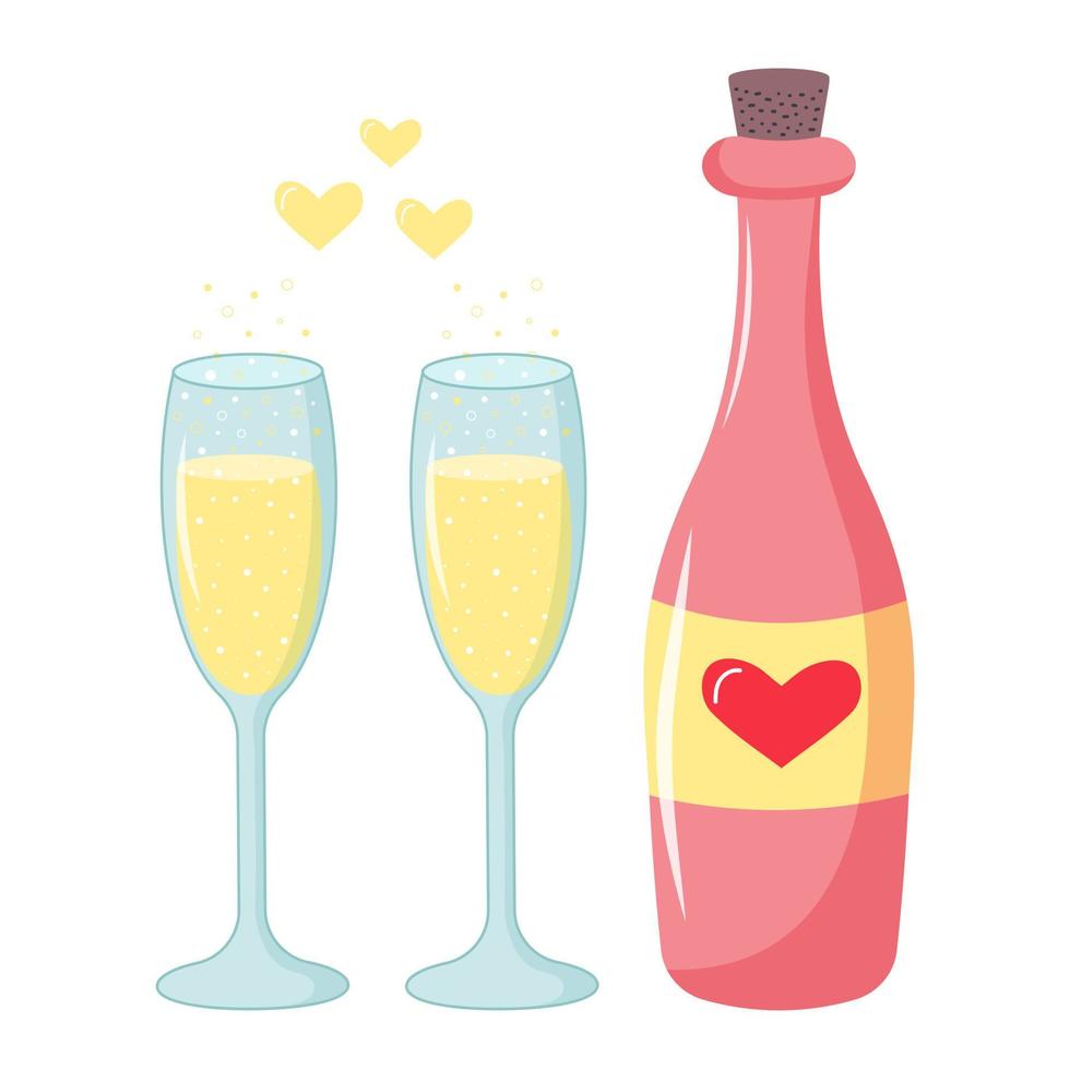 Weinflasche mit Herzetikett und zwei Gläser Champagner mit funkelnden Blasen und gelben Herzen. vektor
