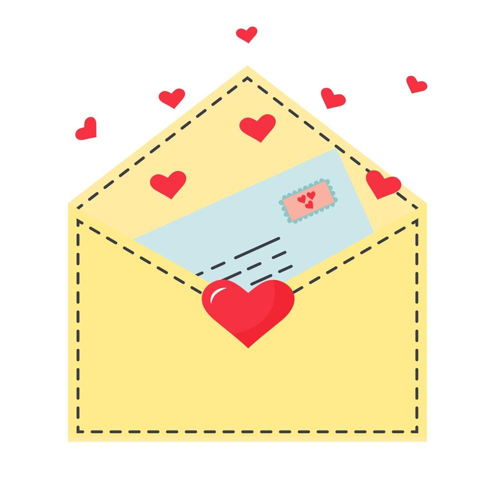 gelber Umschlag mit einem Liebesbrief und Herzen, die aus dem Umschlag fliegen. Liebesnachricht. vektor