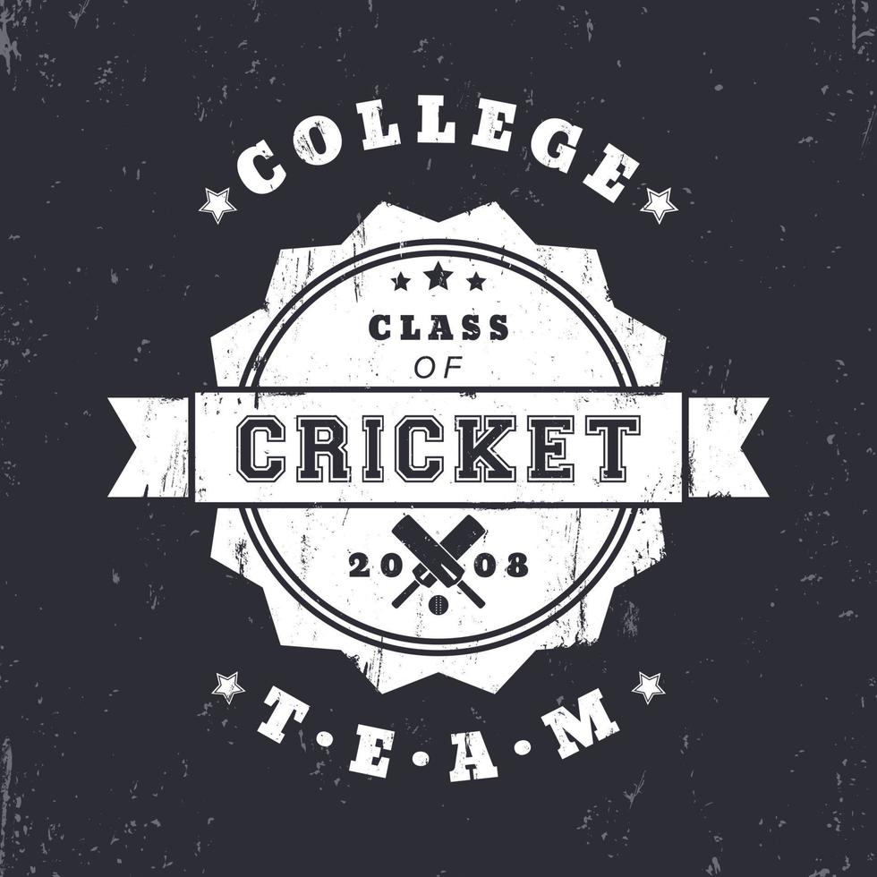 College Cricket Team Vintage Grunge Logo, Abzeichen mit gekreuzten Cricketschlägern, Vektorillustration vektor