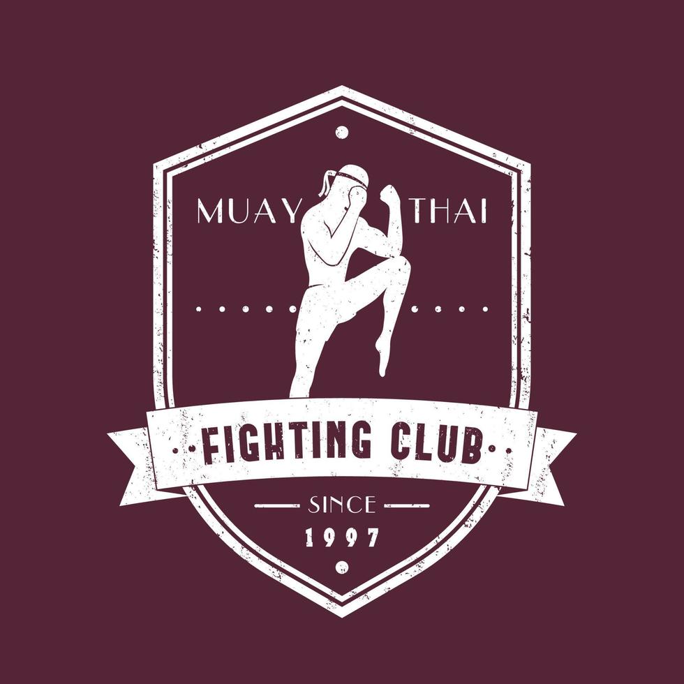 Muay Thai Fighting Club Vintage Emblem mit Kämpfer, Logo, T-Shirt Druck, Vektorillustration vektor