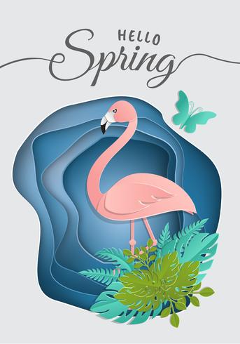 Stück Papier, Origami, Pink Flamingo in tropischen Blättern. Trendige tropische Schablone des Sommers mit funkelnden Leuchtkäfern und exotischem Palmenlaub in einem Kreis. Wildlife-Konzept. Vektor floral Hintergrund