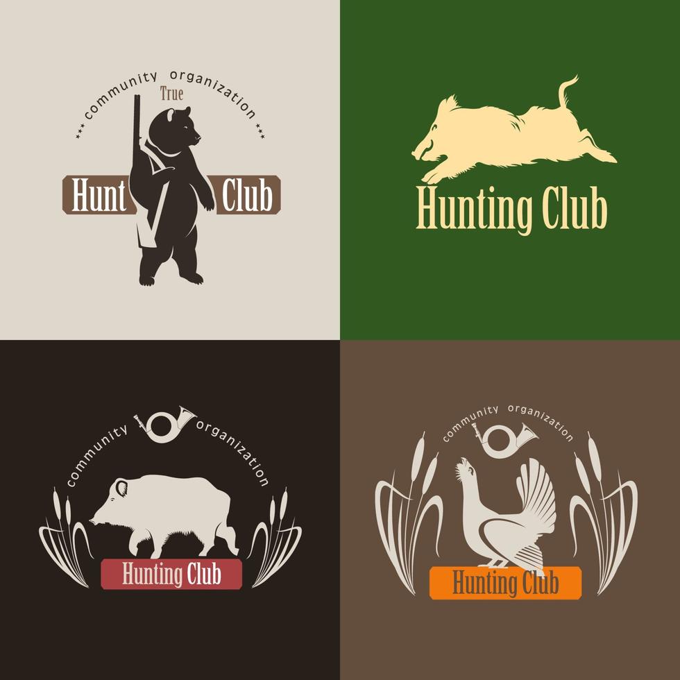 en uppsättning logotyper, emblem jaktklubb. vildsvin, en björn med jaktgevär, ripa vektor