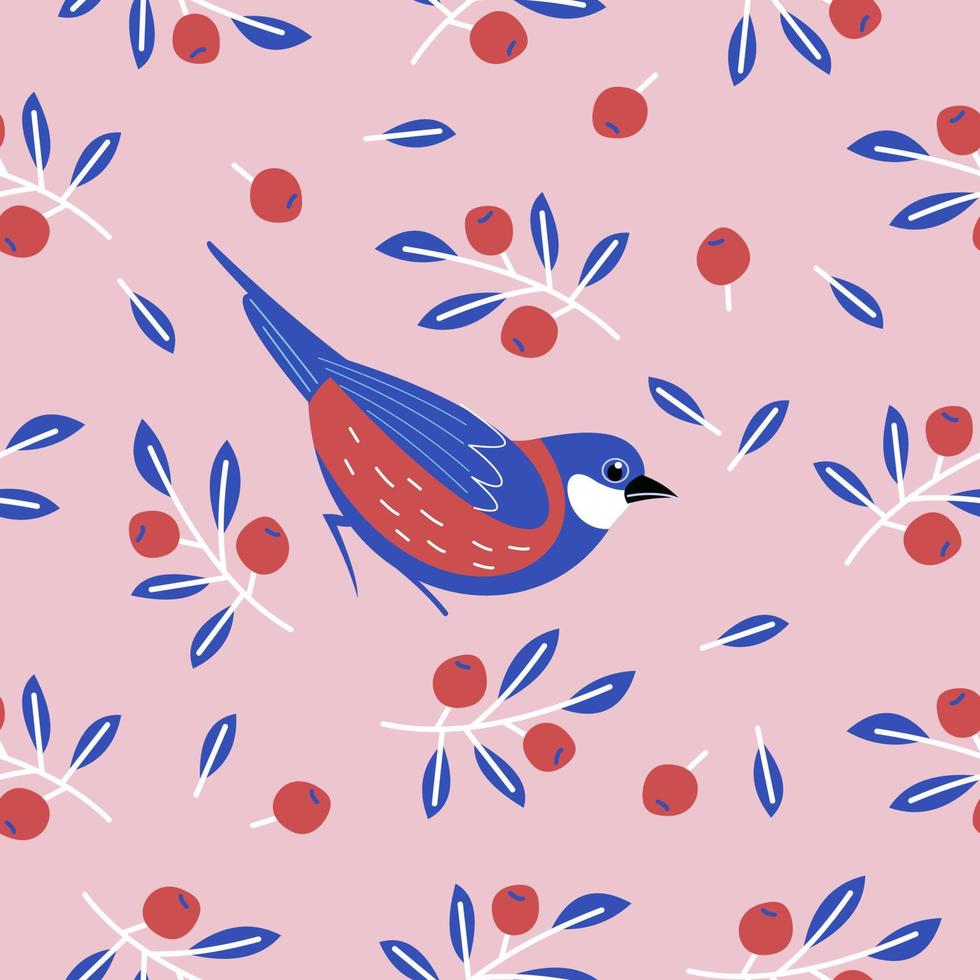 sömlösa mönster med fåglar, blommor, löv och bär. vektor illustration.