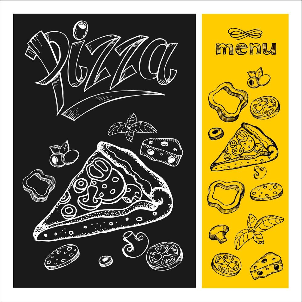 pizza. meny. pizza ritning med krita på svart tavla. ritad för hand. vektor illustration.