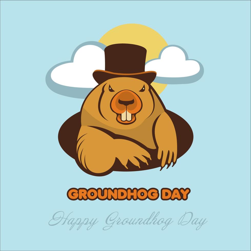 Groundhog dag. murmeldjur i cylindern klättrade upp ur hålet. vår. vektor illustration.