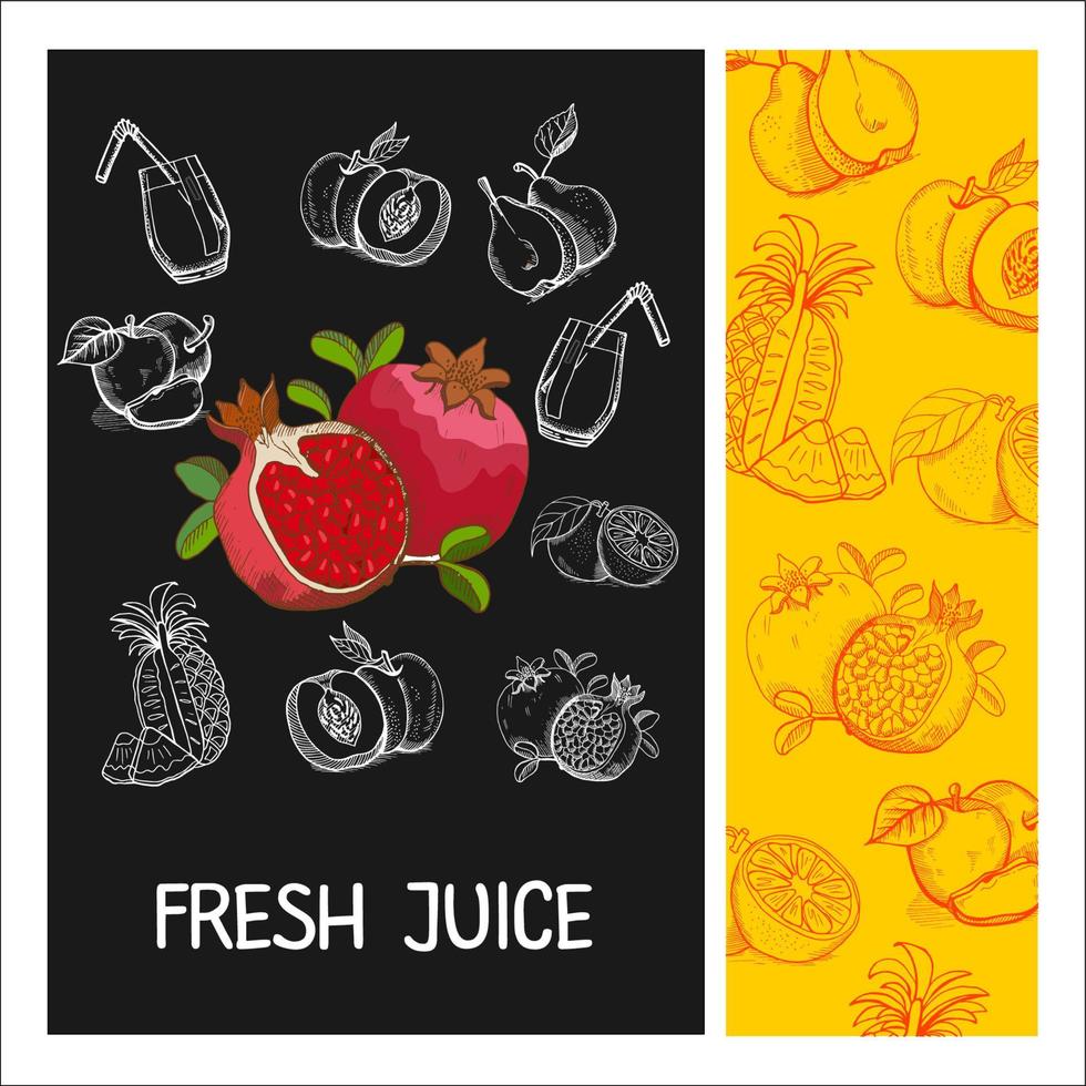 Granatäpple-juice. frukt. vektor illustration. frukt dras med krita på en svart tavla. handritad vektorillustration.