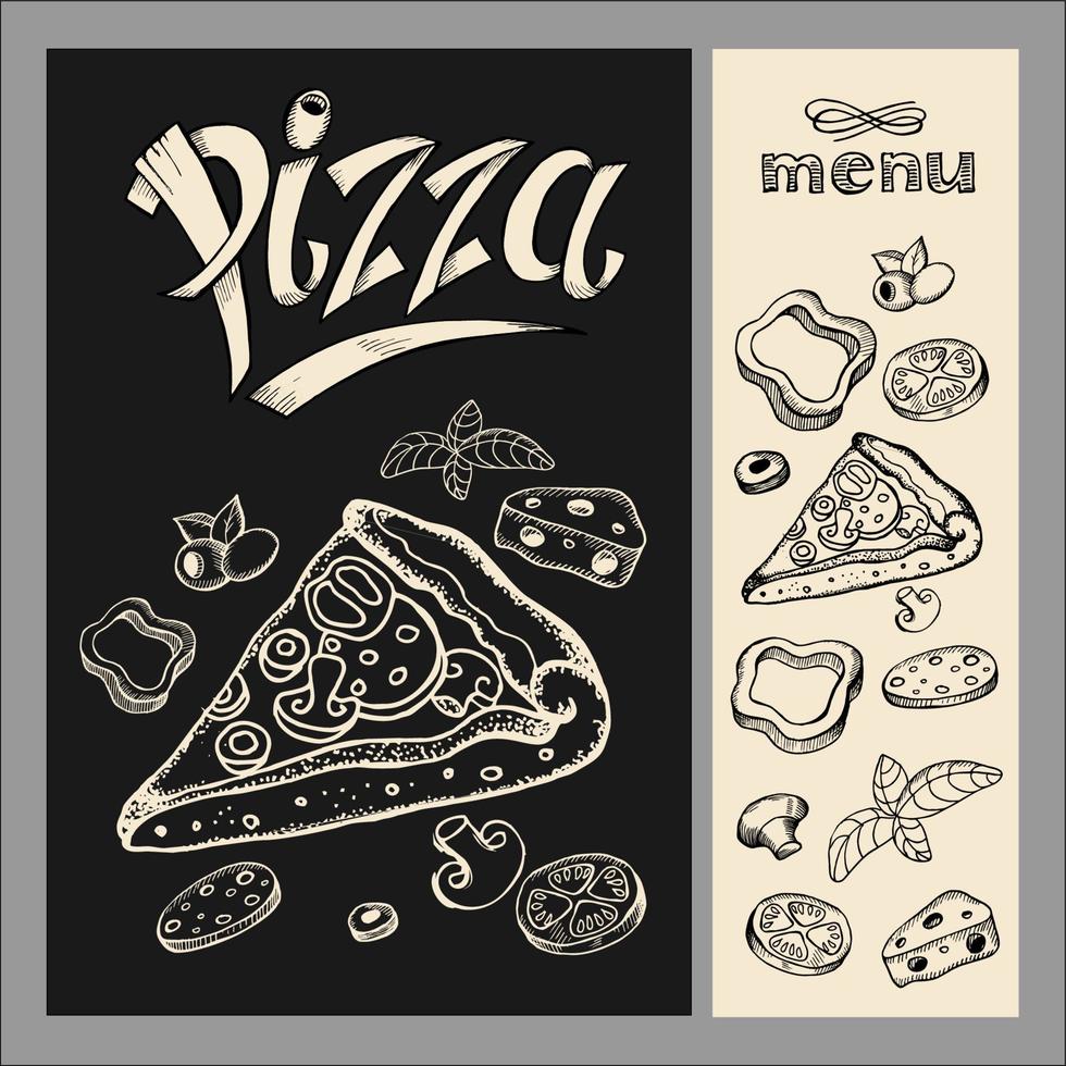 Pizza. Speisekarte. Pizza-Zeichnung mit Kreide auf schwarzem Brett. handgezeichnete Vektor-Illustration. vektor