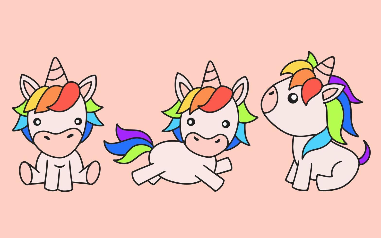 Satz süße bunte Einhorn magisches Pferd Doodle Cartoon Tier Haustier Charakter glückliche Sammlung Illustration vektor