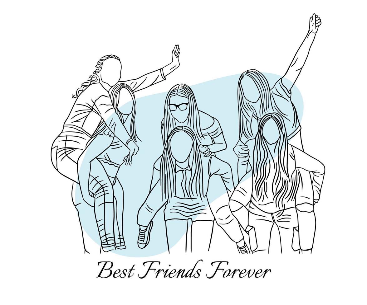 bästa vänner glada kvinnor flickor linje konst stil handritad illustration färglös vektor
