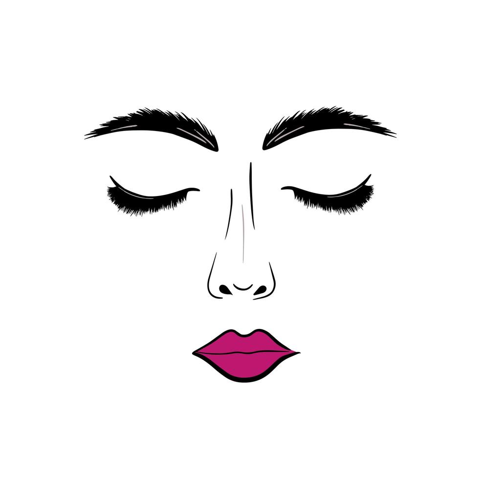 Frauengesicht mit geschlossenen Augen und rosa Lippen. Schönheitsillustration für Wimpernhersteller, Augenbrauenmeister, Lippentauage, Make-up-Meister, Logo für einen Schönheitssalon. vektor