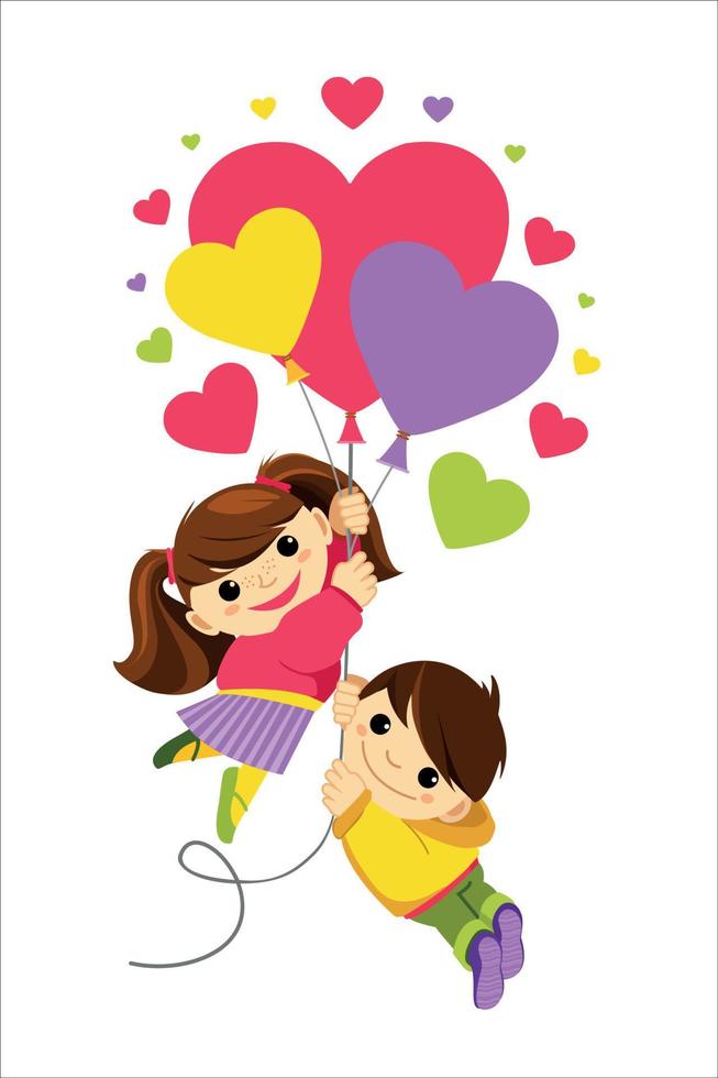 alla hjärtans dag koncept. flicka och pojke flyger på hjärtformade ballonger. vektor