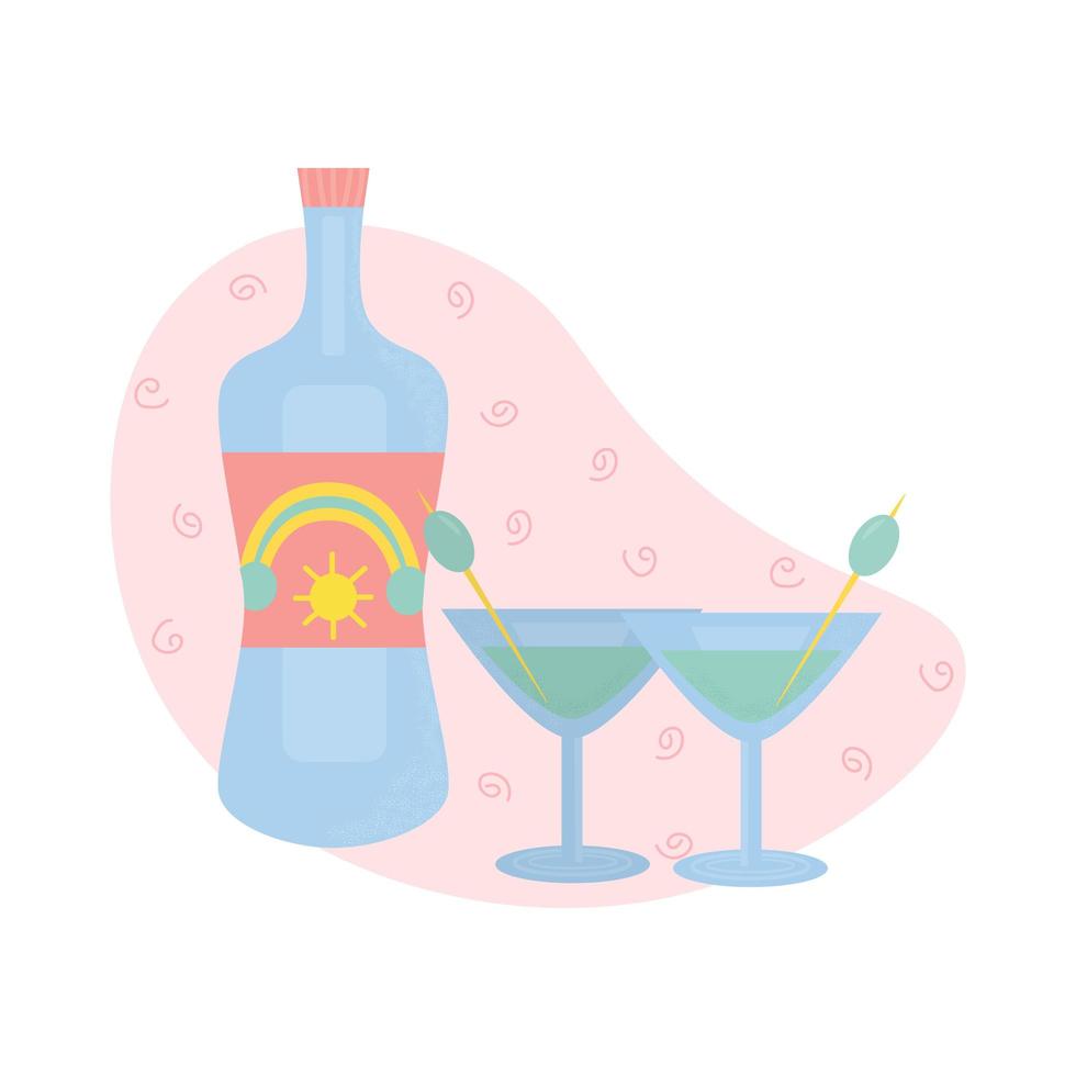 martini flaska och två glas med oliv. fest, pub, restaurang eller klubbinslag. alkoholcoctail med vermouth. vektor illustration, isolerad på en vit bakgrund.