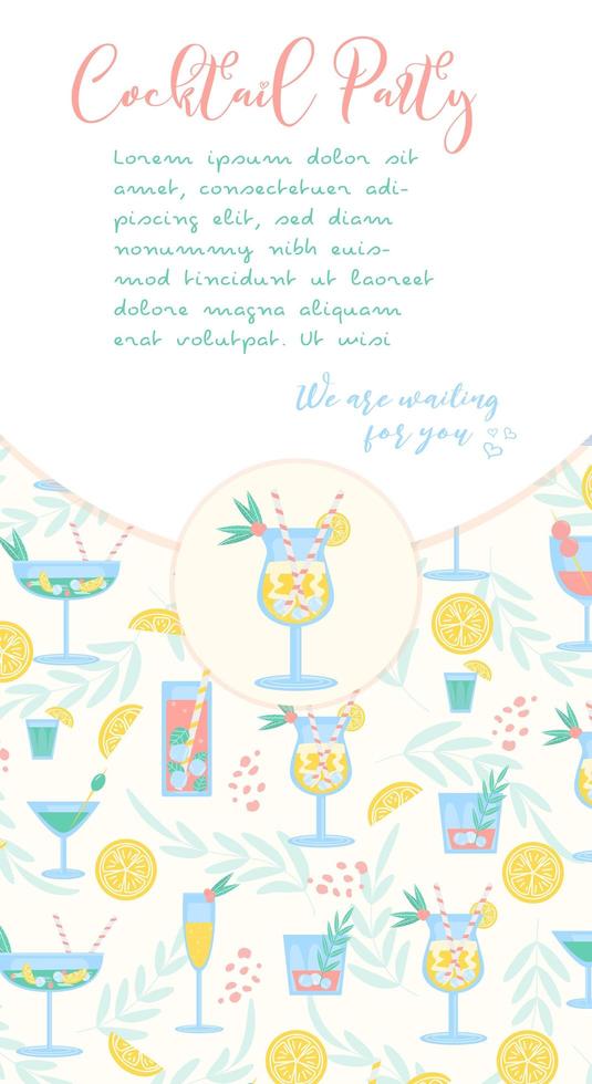 Cocktailparty-Flyer-Banner in trendiger Farbe. Sommergetränke mit Zitrone, Beere, Minze, Eis und Strohhalm. Party-, Pub-, Restaurant- oder Clubeinladung. frischer und kalter Alkoholcocktail. Vektor-Illustration. vektor