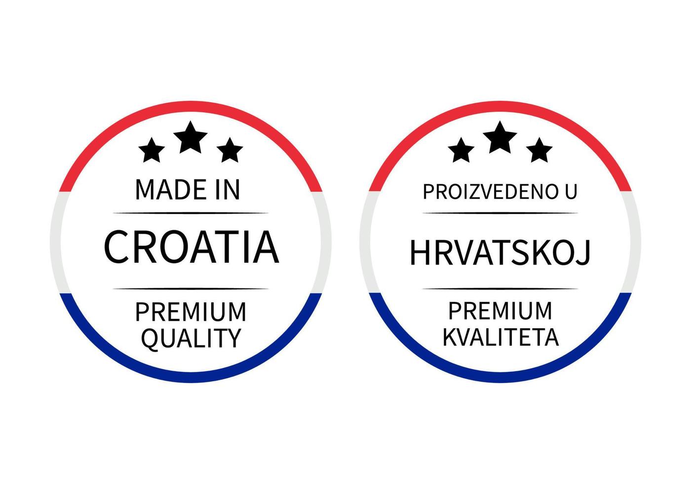 gjorda i kroatien runda etiketter på engelska och på kroatiska språk. kvalitetsmärke vektor ikon. perfekt för logotypdesign, taggar, märken, klistermärken, emblem, produktförpackningar, etc