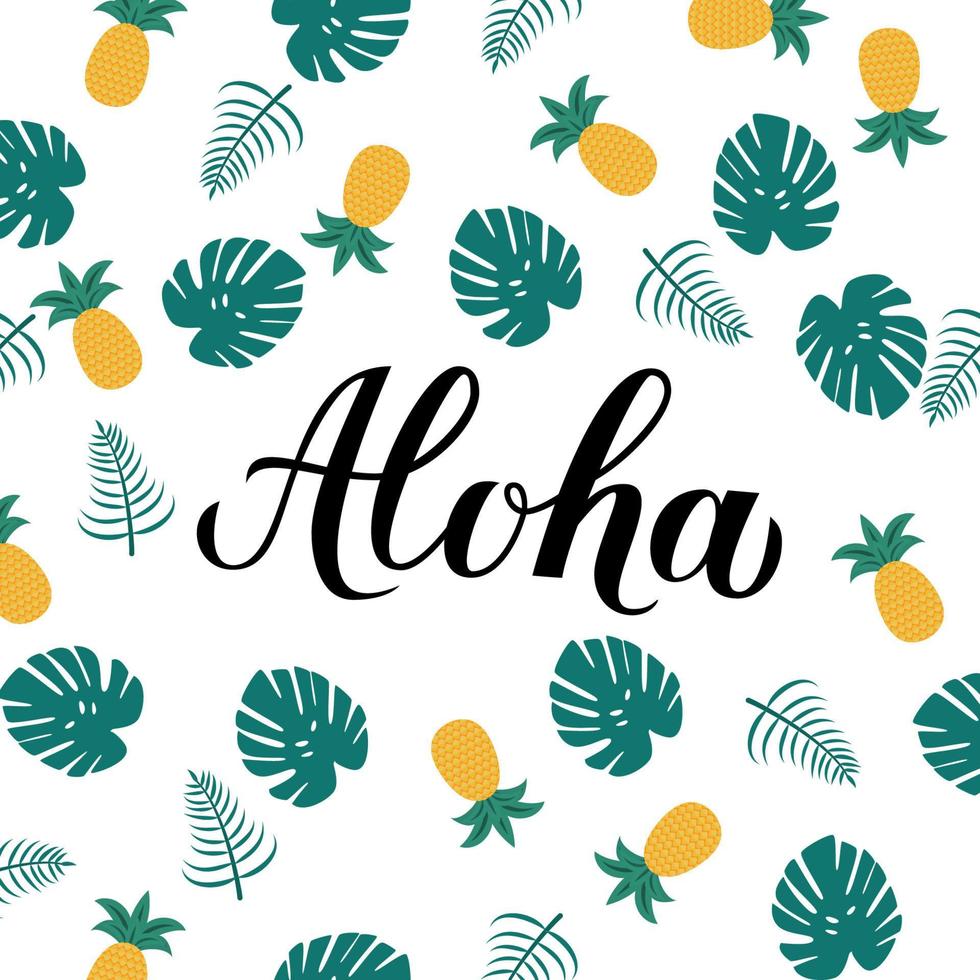 aloha kalligrafi bokstäver med ananas och palmblad. sommarlovskoncept. handskriven hawaiiska språkfras hej. vektor mall för logotyp design, banner, affisch, flyer, t-shot.