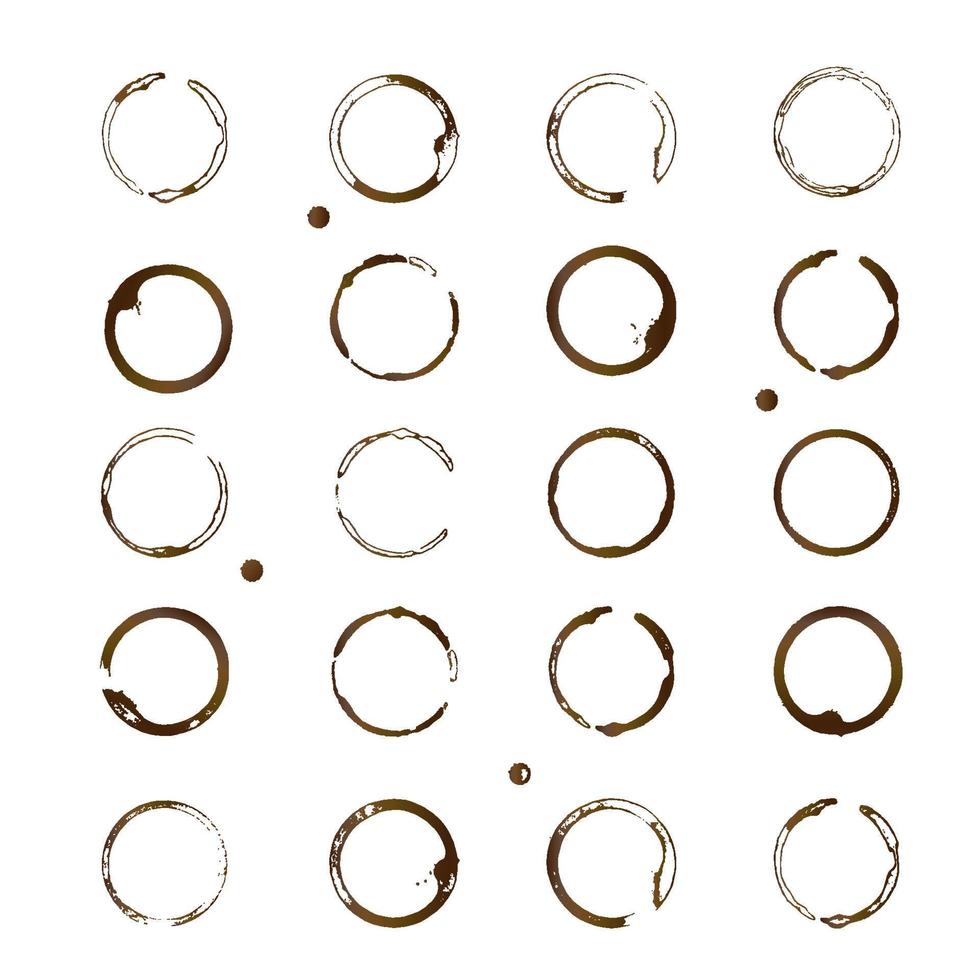 Satz von 20 Vektorkaffeeflecken. Braune Kaffeetasse untere Ringe und Tropfen Spritzer isoliert auf weiss. Grunge circles.design für Café- oder Restaurantmenü. vektor