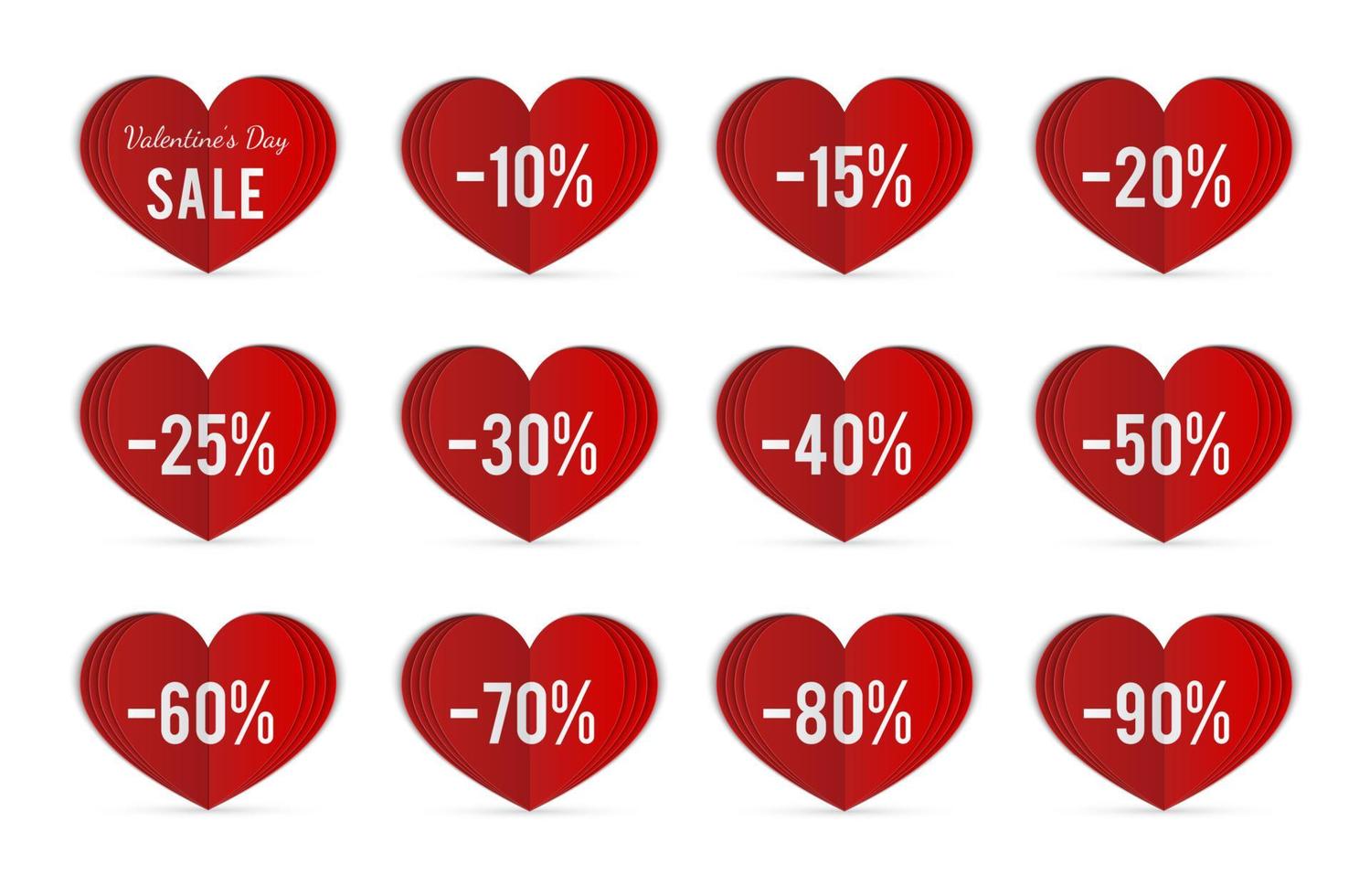 alla hjärtans dag rea taggar på vikta pappershjärtan. uppsättning specialerbjudanden rabatt procent etiketter. vektor illustration. lätt att redigera designelement för butiksannonsering och marknadsföring.