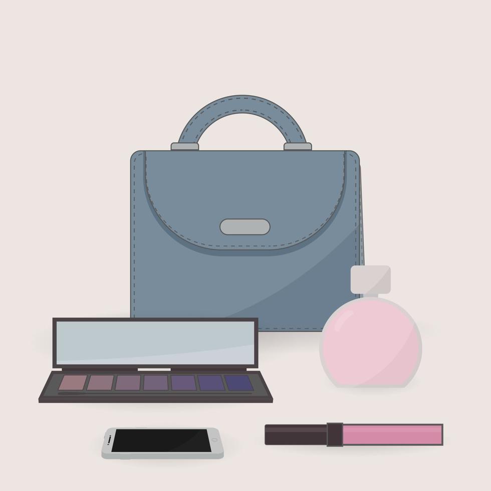 Geldbörse, Parfüm, Kosmetik und Handy. der Inhalt einer Damenhandtasche. Schminktisch. Konzept von Beauty-Bloggern, Mode und Glamour.vector-Design für Social Media usw. vektor