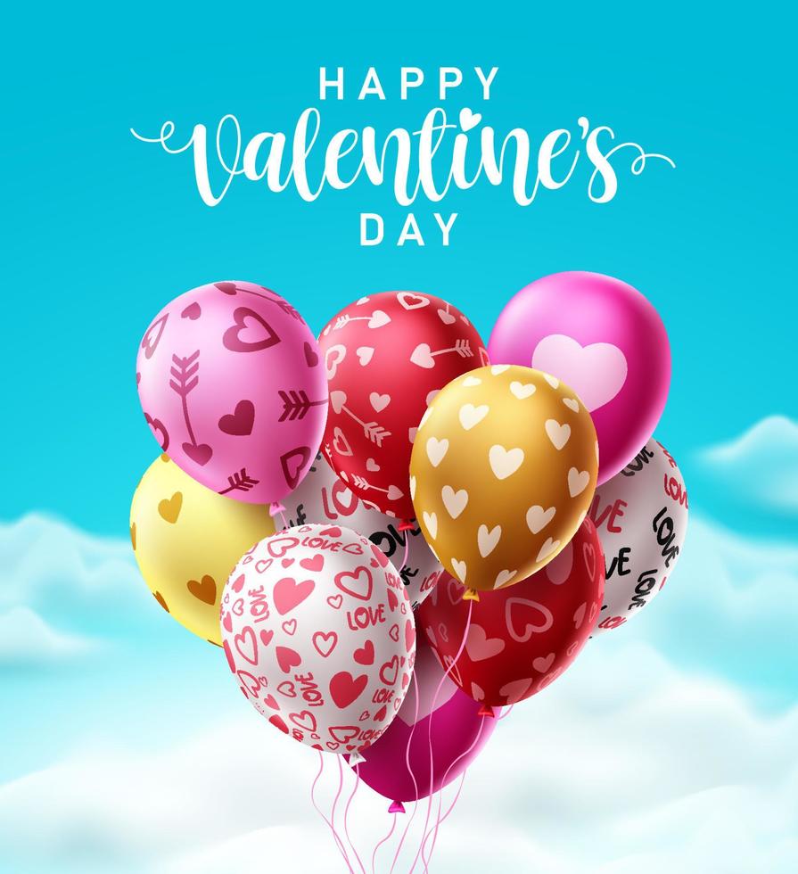 Happy Valentinstag Herz Ballons Vektor-Design. Herzform bunter Haufen Luftballons für Valentinstagsfeiern, die im Hintergrund des blauen Himmels fliegen. Vektor-Illustration. vektor