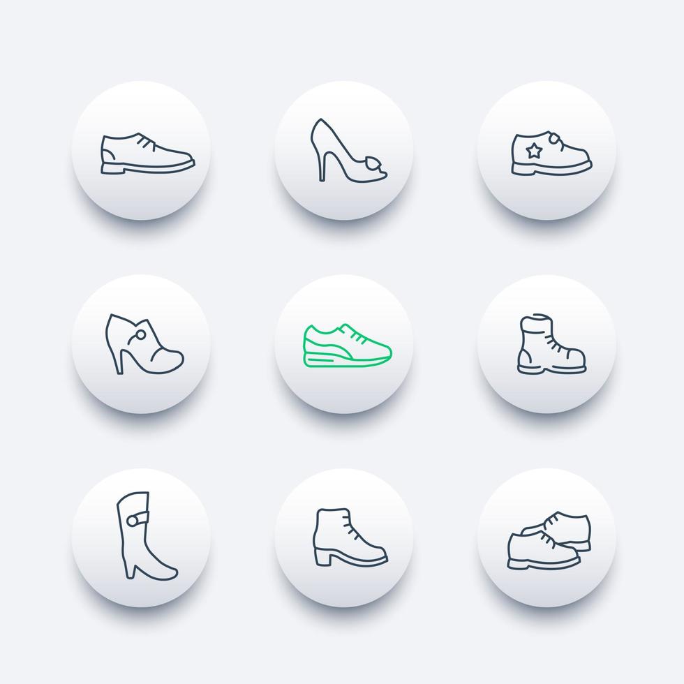 Schuhe Linie Icons Set, kniehohe Stiefel, Absätze, Plateaupumpe, offene Zehenschuhe, Trainer vektor