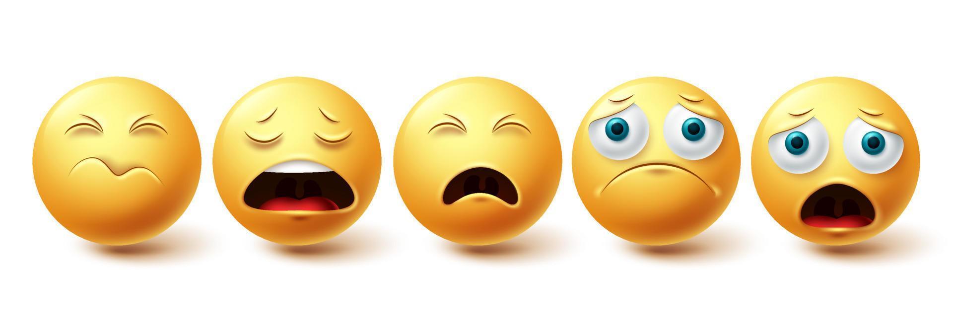Emoji trauriger Vektorsatz. Emoticon einsame, schockierte und deprimierte gelbe Gesichter-Sammlung einzeln auf weißem Hintergrund für Emoji-Grafikelemente. Vektor-Illustration vektor