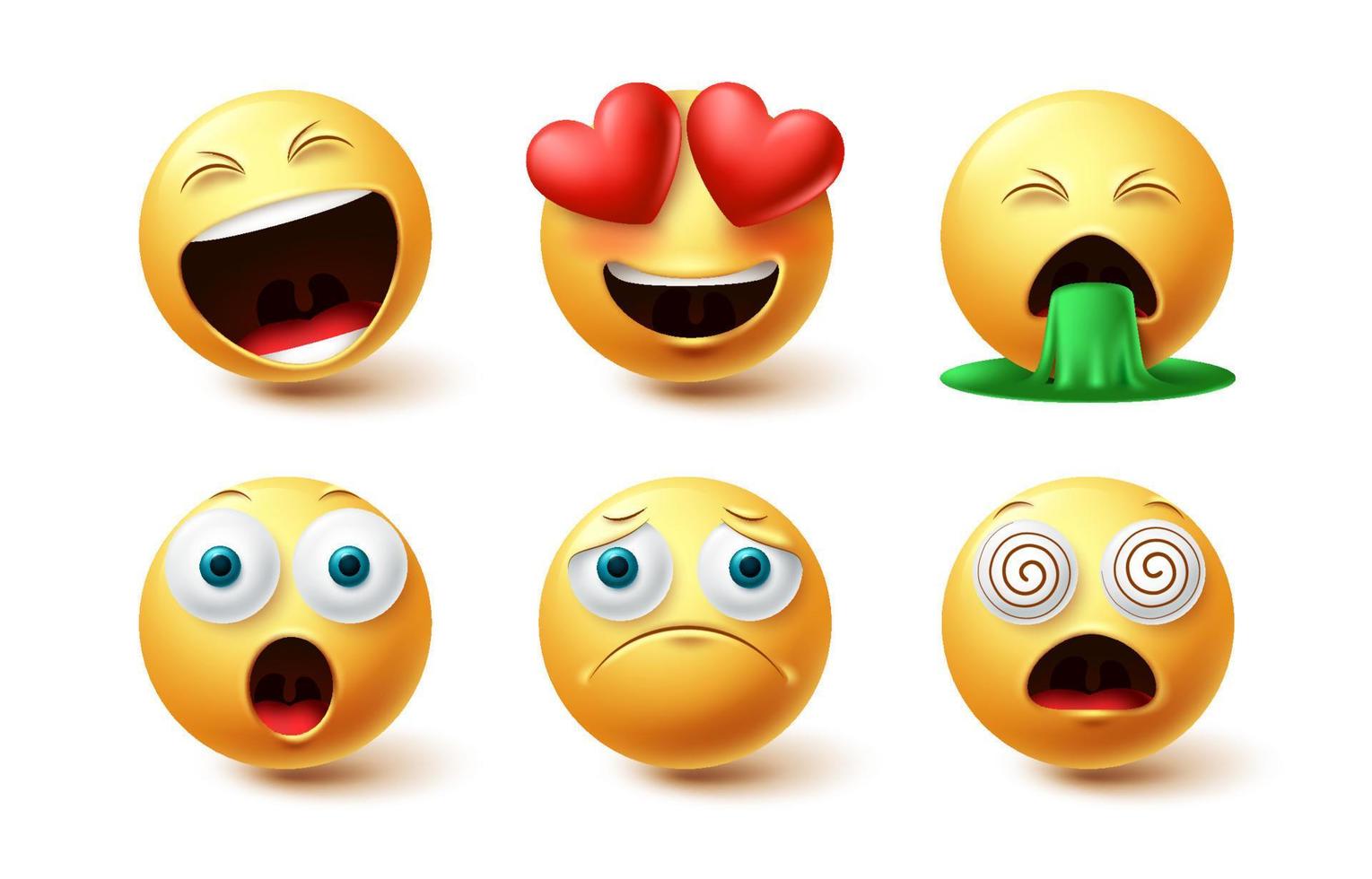 Emoji Gesichter Vektor-Set. Emojis gelbe Icon-Sammlung mit verliebtem, glücklichem und traurigem Gesichtsausdruck in weißem, isoliertem Hintergrund. Vektor-Illustration vektor