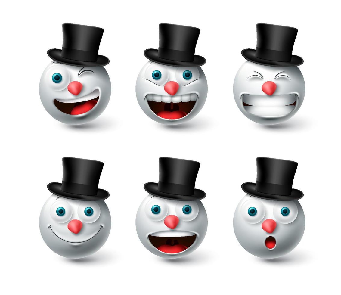 Weihnachten Schneemann Emoji-Vektor-Set. Emojis Schneemann mit schwarzer Hut-Icon-Sammlung isoliert in weißem Hintergrund für Weihnachts- und Winter-Charakter-Design-Elemente. Vektor-Illustration. vektor