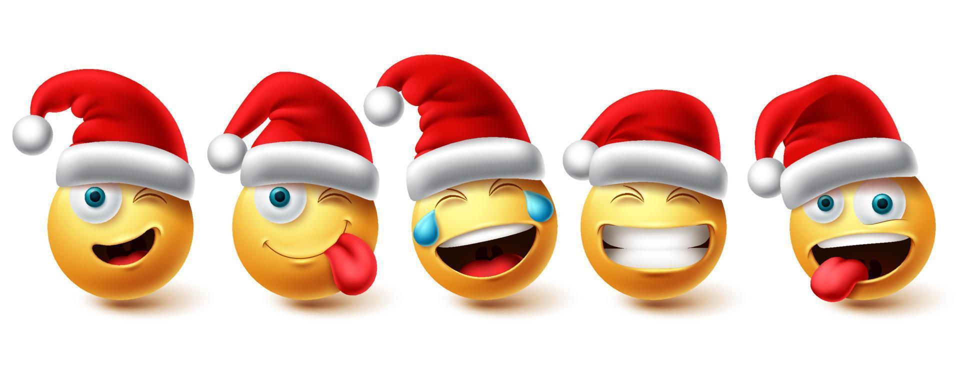Weihnachten Emoji-Vektor-Set. Emojis-Weihnachtsfiguren, die eine rote Weihnachtsmütze-Icon-Sammlung tragen, isoliert in weißem Hintergrund für Grafikdesign-Elemente. Vektor-Illustration. vektor