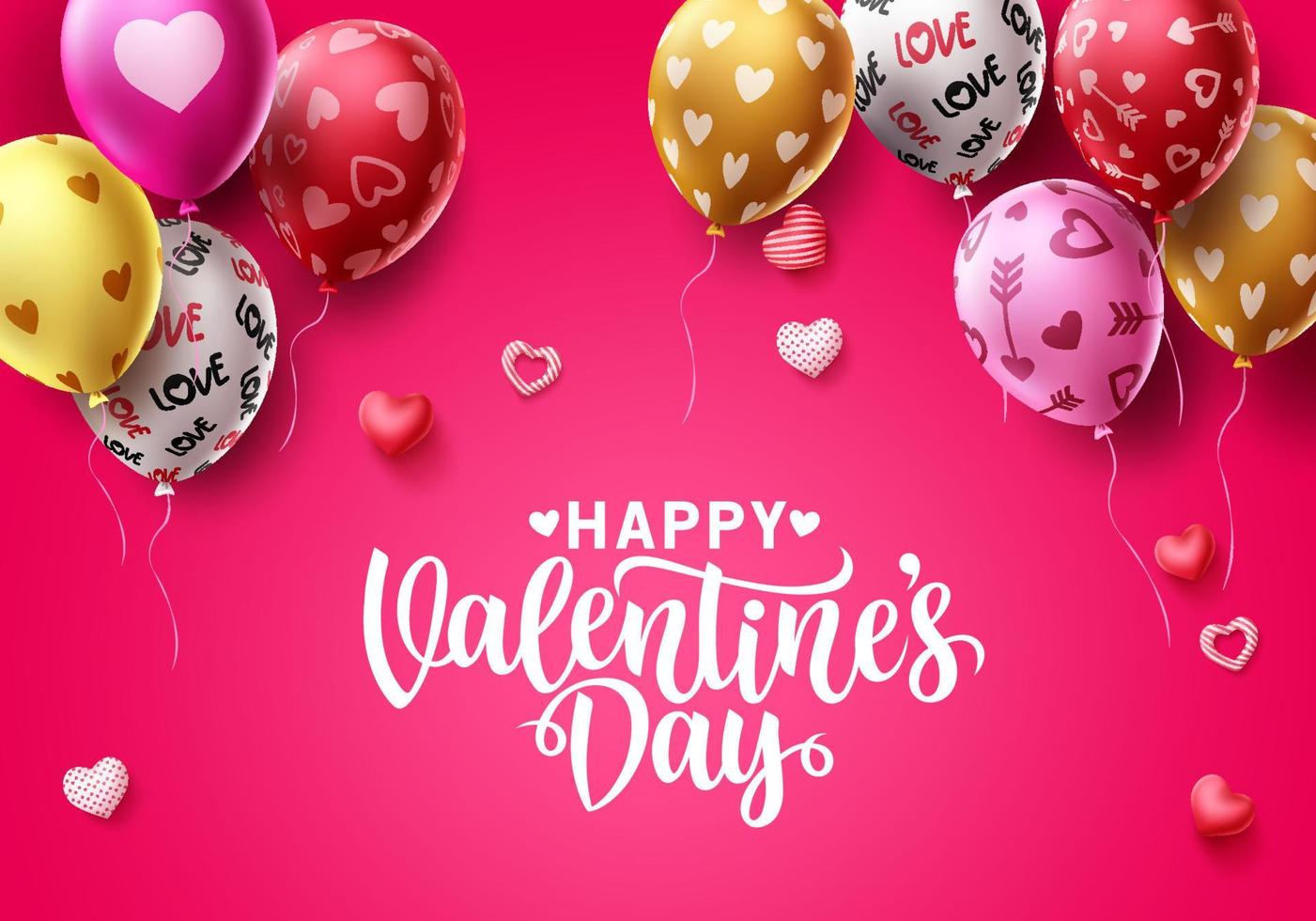Happy Valentinstag Vektor Hintergrunddesign. Valentinstag Ballons mit bunten Herzmustern und Grußtext für Feiertage und Geburtstagsfeiern. Vektor-Illustration.