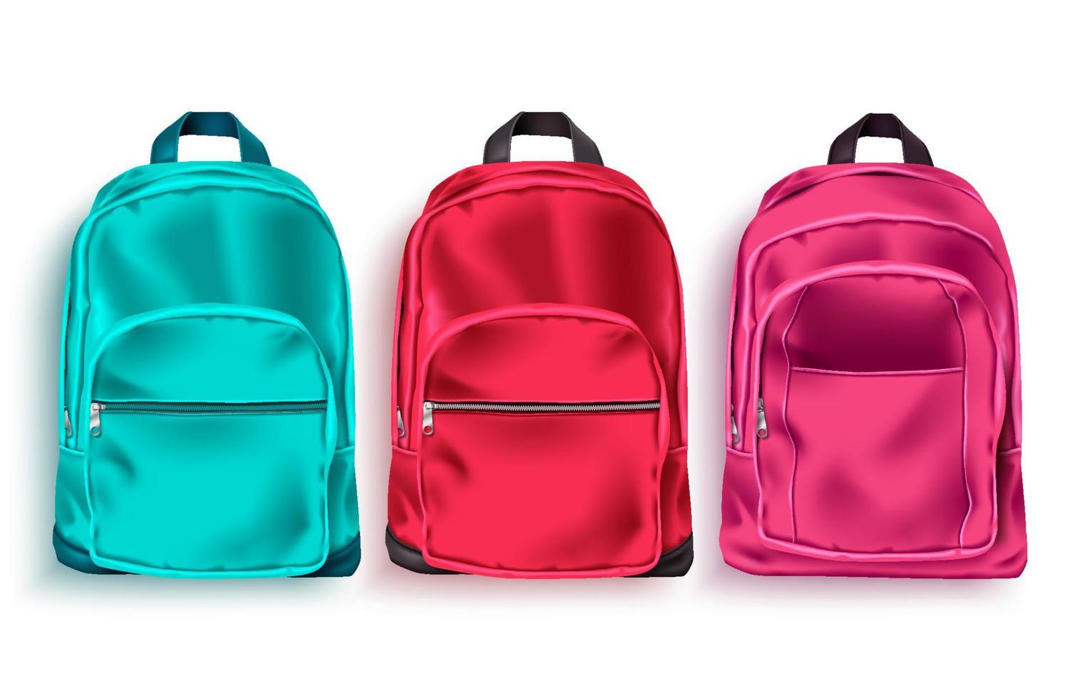 skolväska vektor set. skolryggsäck och bagage 3d-samling i grön, röd och rosa färg för utbildnings- eller reseelement isolerade i vit bakgrund. vektor illustration