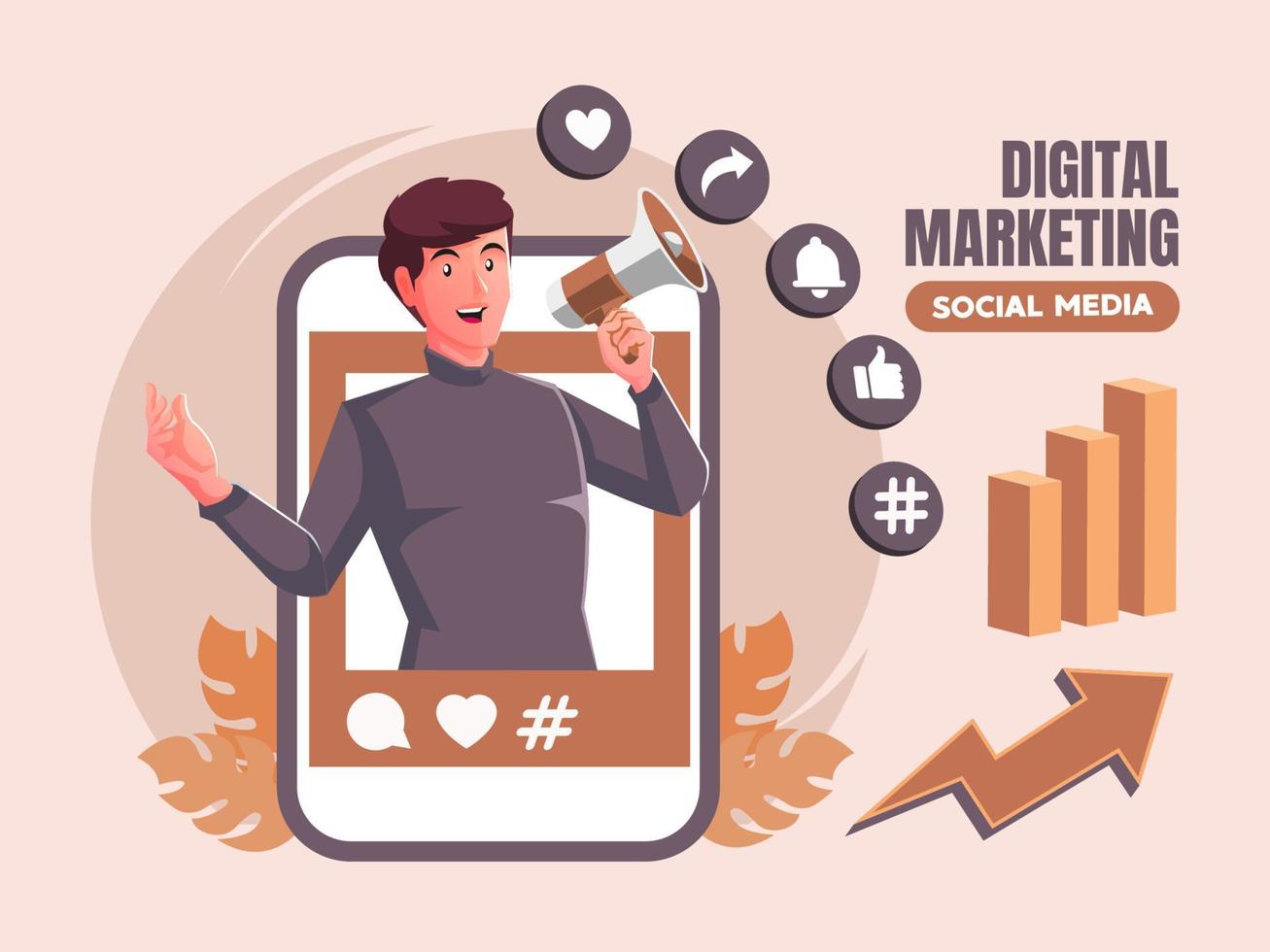 Digitales Marketing-Social-Media-Konzept mit Mann, der Megaphon hält vektor