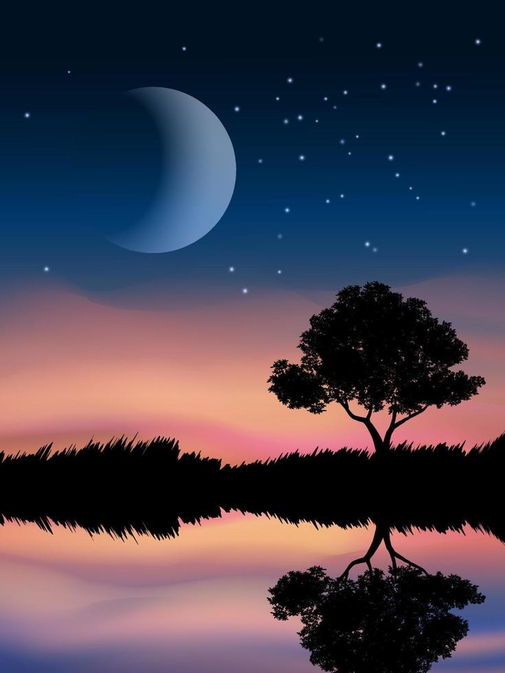 vacker kvällsvy med träd, sjö och måne vektor