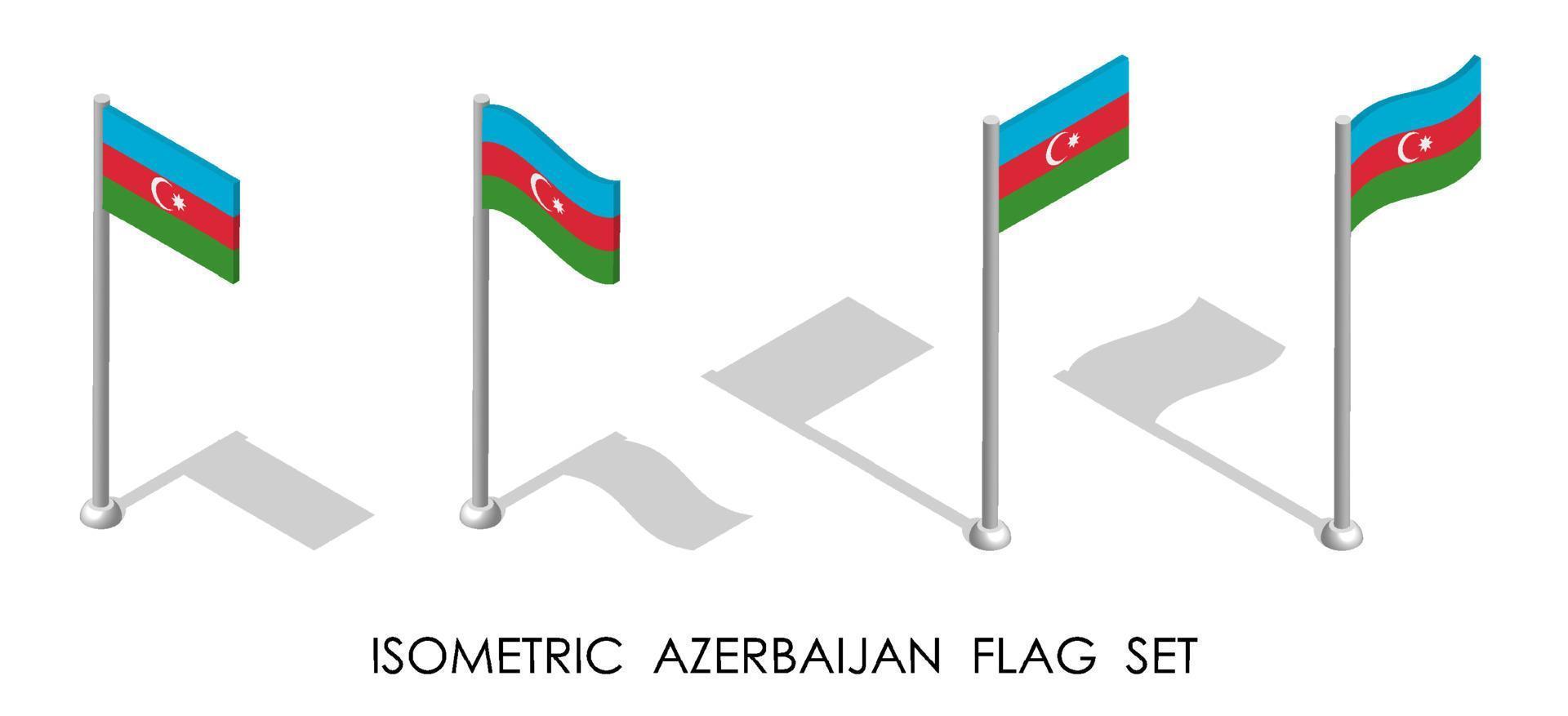 Azerbajdzjans isometriska flagga i statisk position och i rörelse på flaggstången. 3d vektor