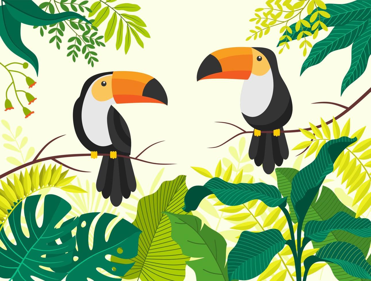 tukanfåglar på tropiska grenar med löv. vektor
