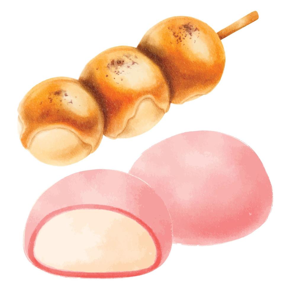 Dango und Mochi. japanisches essen aquarell handgemalte elemente Illustrationen vektor