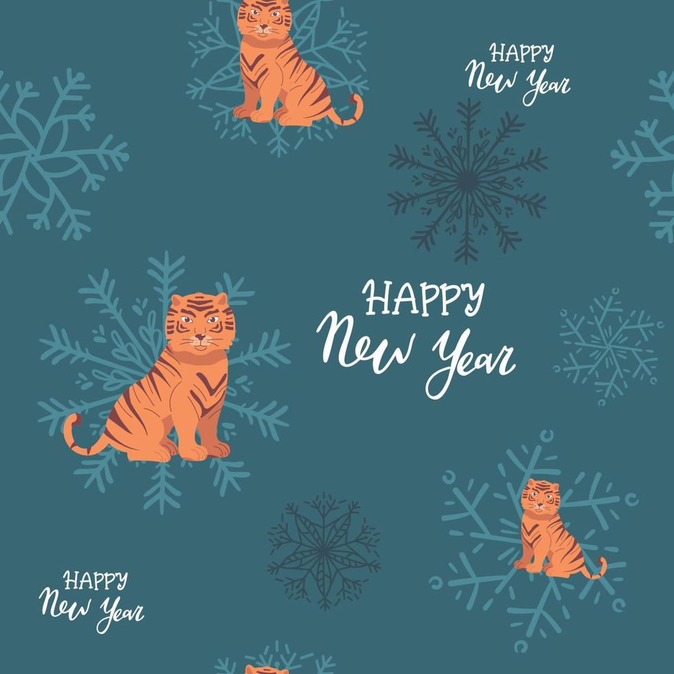 Vektor nahtlose Muster mit Tigern auf blauem Hintergrund. abstrakte Formen. Tierhintergrund für Stoff- oder Tapetendesign. Silvester 2022 für den Hintergrund von Kalendern. chinesisches symbol