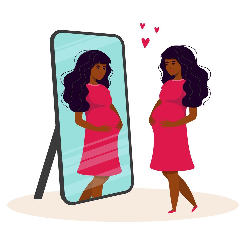 skönhet gravid kvinna afrikansk kvinna står och tittar i spegeln. vektor illustration. hälsosam livsstil. gravid tjej.