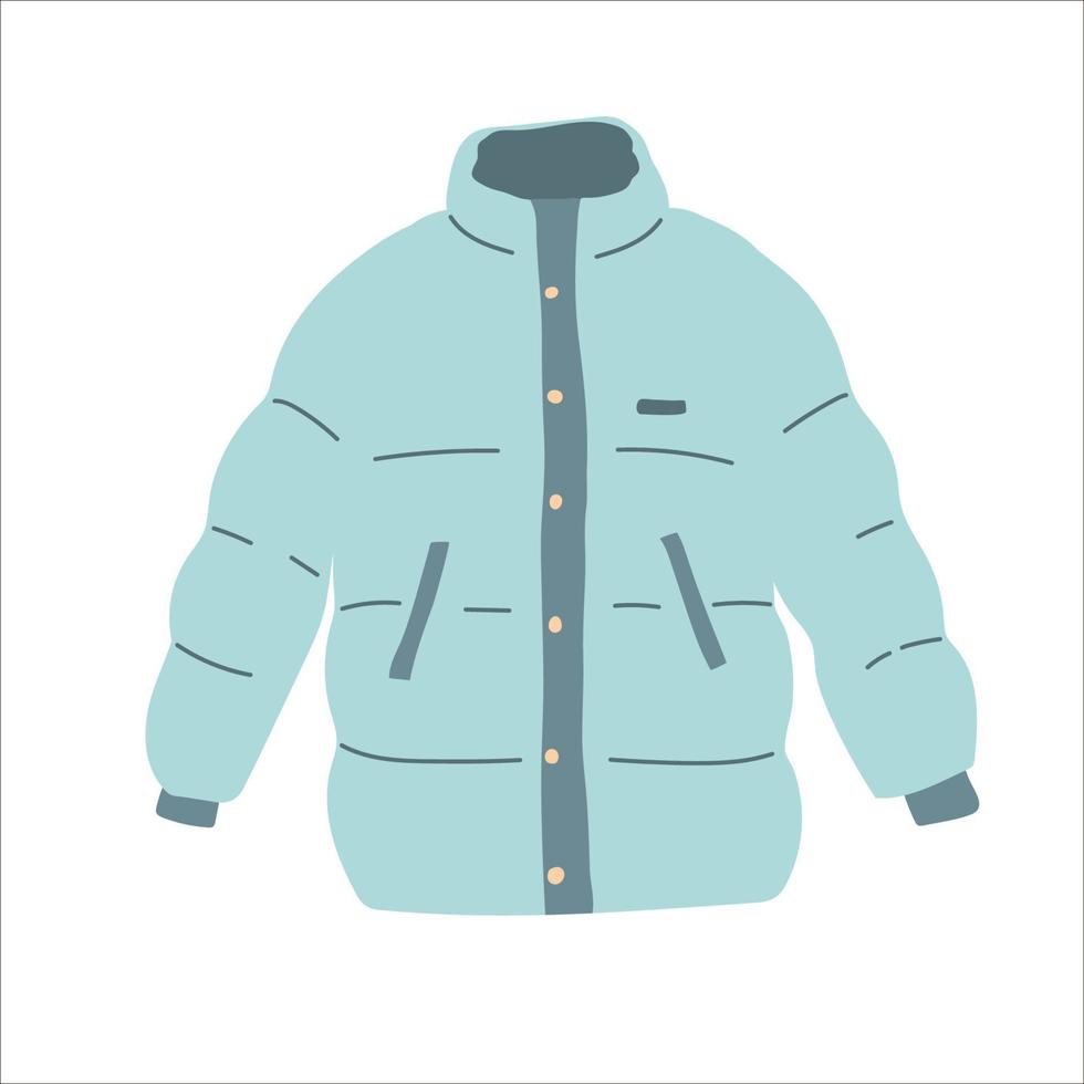 Blaue Winterjacke mit Reißverschluss isolierter Vektor auf dem weißen Hintergrund. wattierte Jacke mit Knöpfen. blaue Handzeichnung flach