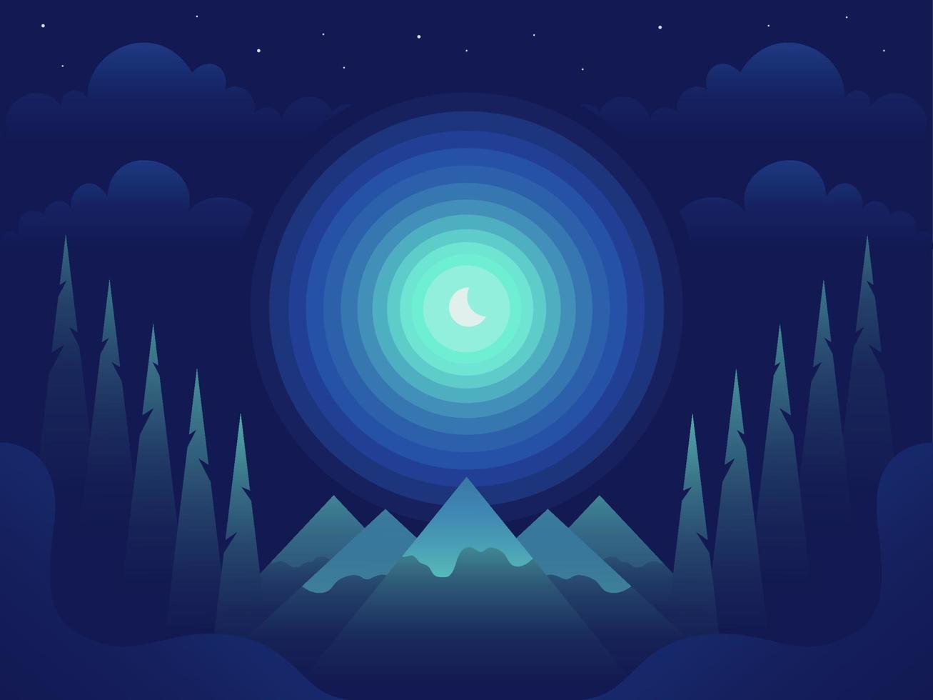 bergslandskap på natten med blå himmel och lysande månad. vektor illustration i platt gradient stil