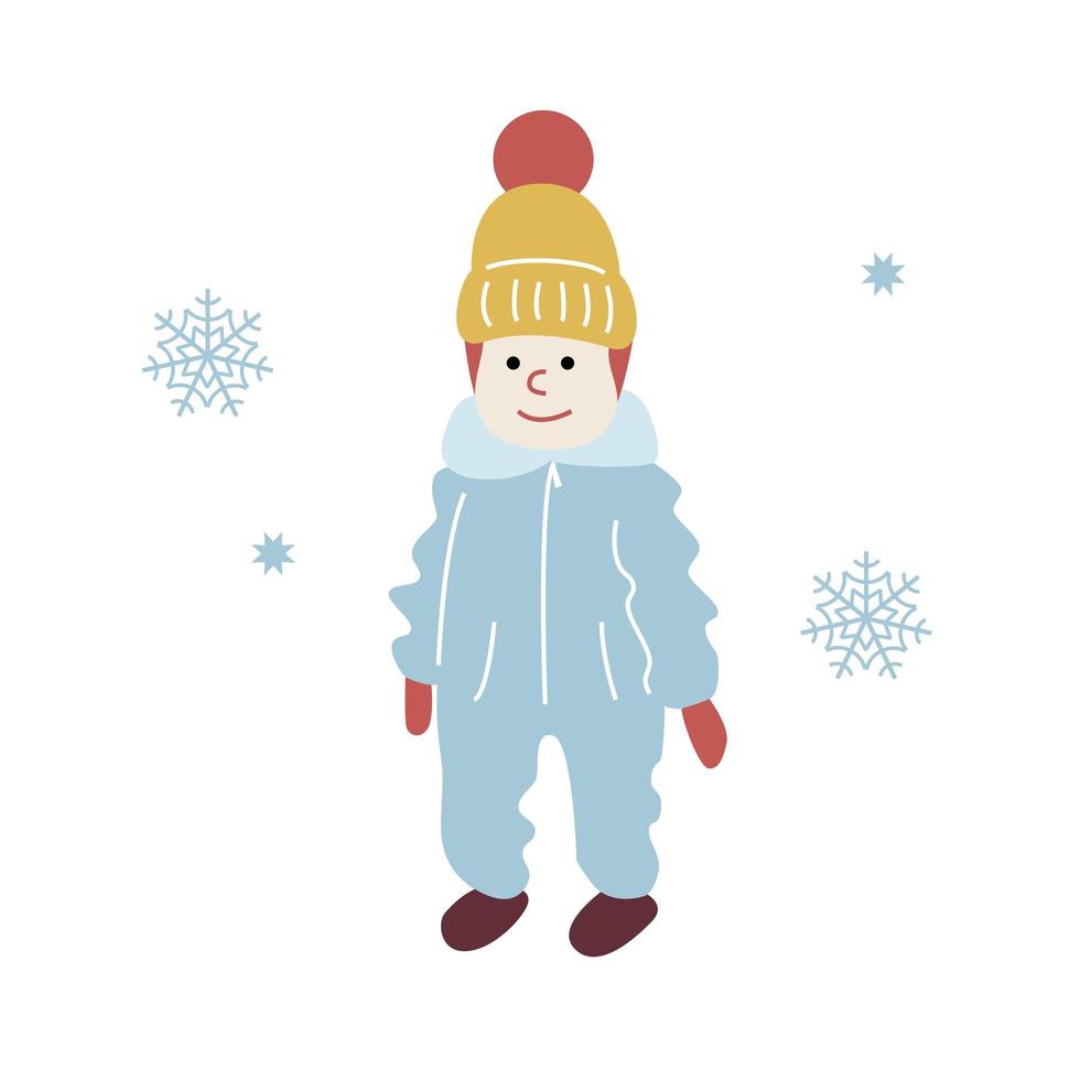 Kind beim Winterspaziergang. ein Kind in warmer Winterkleidung unter Schneeflocken lächelt und lernt laufen. Vektor-Illustration im flachen Stil isoliert auf weißem Hintergrund vektor