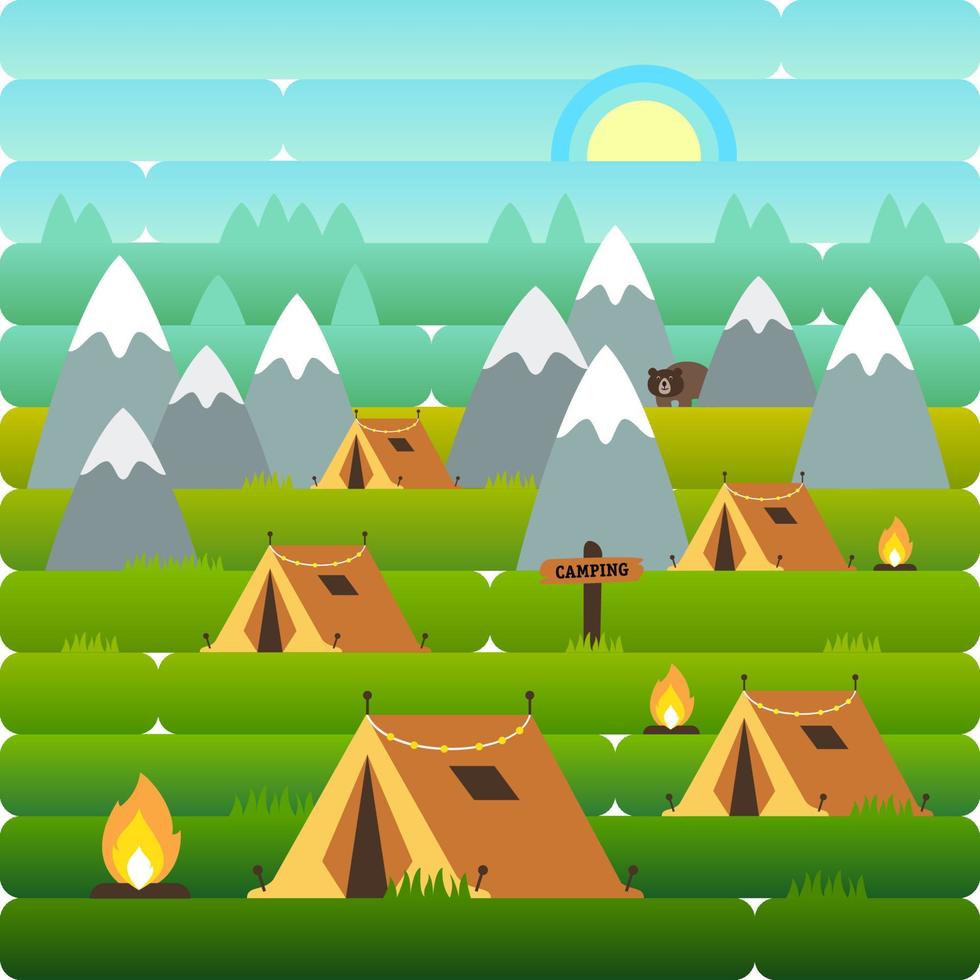 Camping in den Bergen, Wandern mit Zelten. Landschaft. Vektorillustration im flachen und Gradientenstil vektor