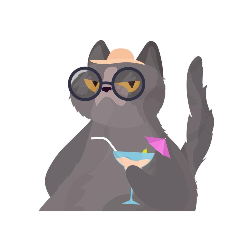 lustige Katze mit einem Cocktail. Katze mit Brille und Hut. gut für Aufkleber, Karten und T-Shirts. isoliert. Vektor. vektor