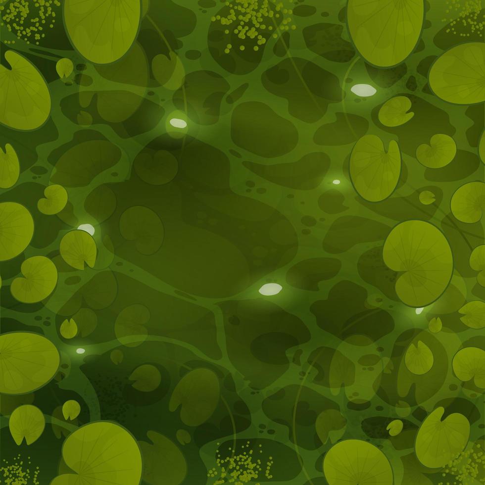 flod med liljor ovanifrån. grön vattenyta med solljusreflektion och krusningar. näckrosor i träsket. vektor illustration.