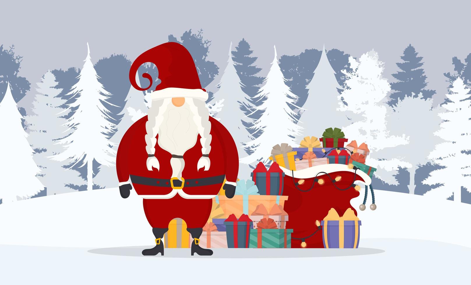 Weihnachtsmann im Winterwald. ein Berg von Geschenken, eine rote Tasche, ein alter Mann mit weißem Bart im roten Anzug. Vektor